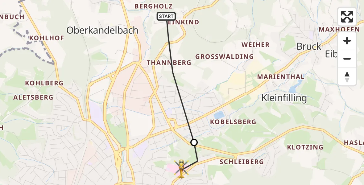 Flugroute Rettungshubschrauber Oberkandelbach - Kleinfilling, 17 Februar 2026, 07:06