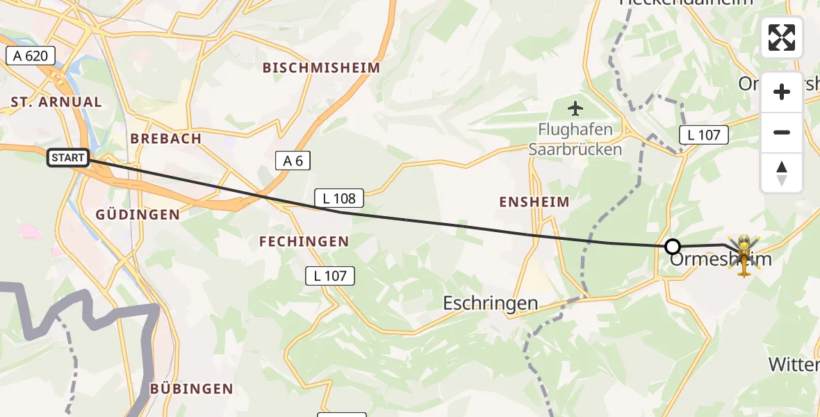 Flugroute Rettungshubschrauber Saarbrücken - Ormesheim, 17 Februar 2026, 07:07