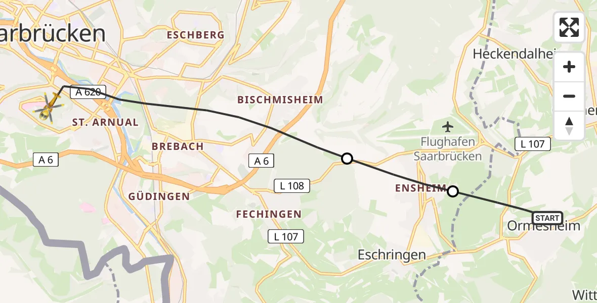 Flugroute Rettungshubschrauber Ormesheim - Saarbrücken, 17 Februar 2026, 07:31
