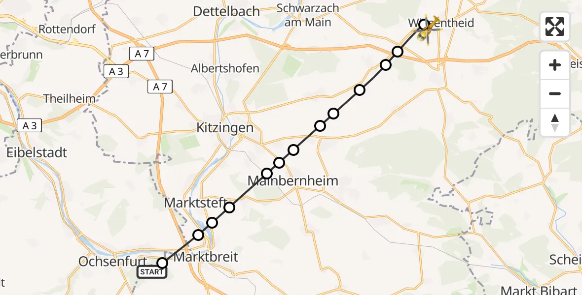 Flugroute Rettungshubschrauber Marktbreit - Wiesentheid, 17 Februar 2026, 07:32