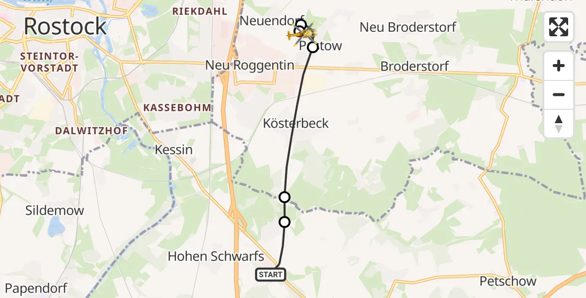 Flugroute Ambulanzhubschrauber Hohen Schwarfs - Broderstorf, 17 Februar 2026, 07:36