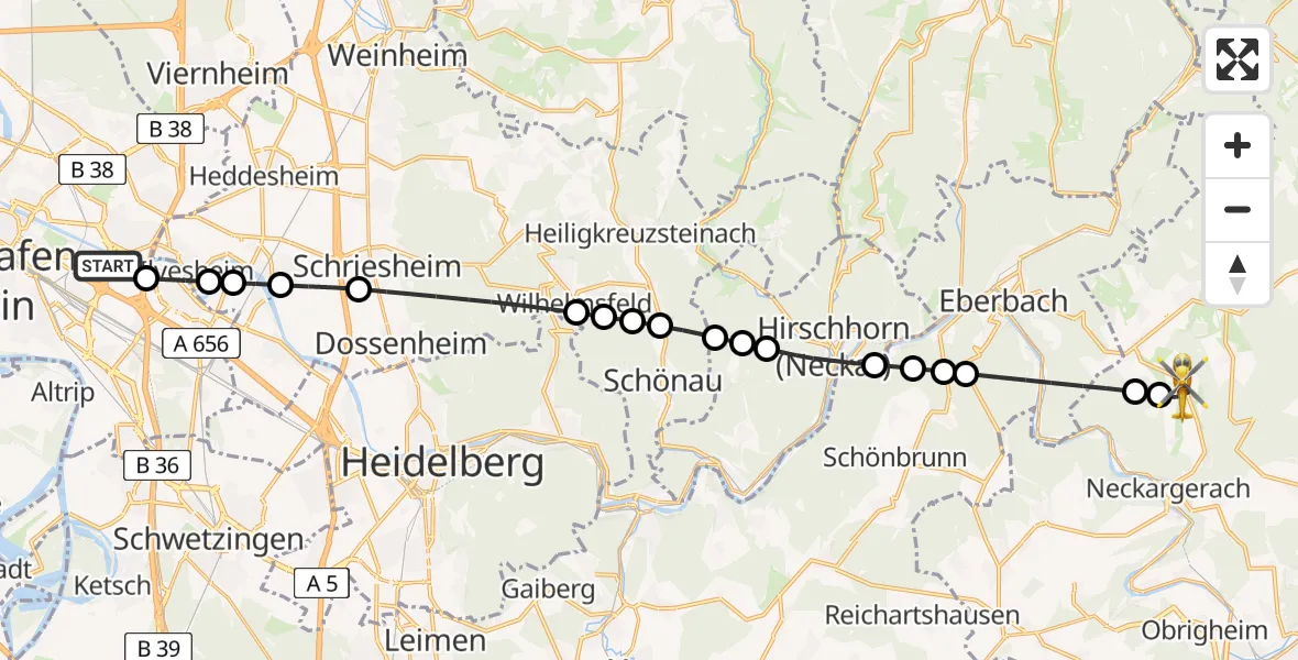 Flugroute Rettungshubschrauber Mannheim-City Airport - Schollbrunn, 17 Februar 2026, 07:41
