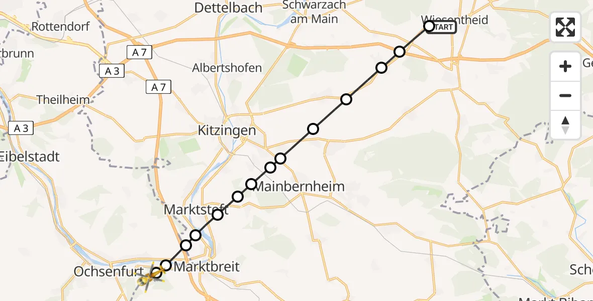 Flugroute Rettungshubschrauber Wiesentheid - Ochsenfurt, 17 Februar 2026, 07:58