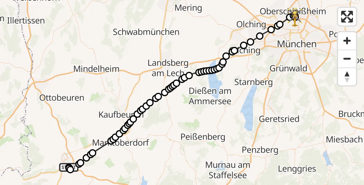 Flugroute Rettungshubschrauber Kempten-Durach Airfield - Oberschleißheim, 17 Februar 2026, 08:11