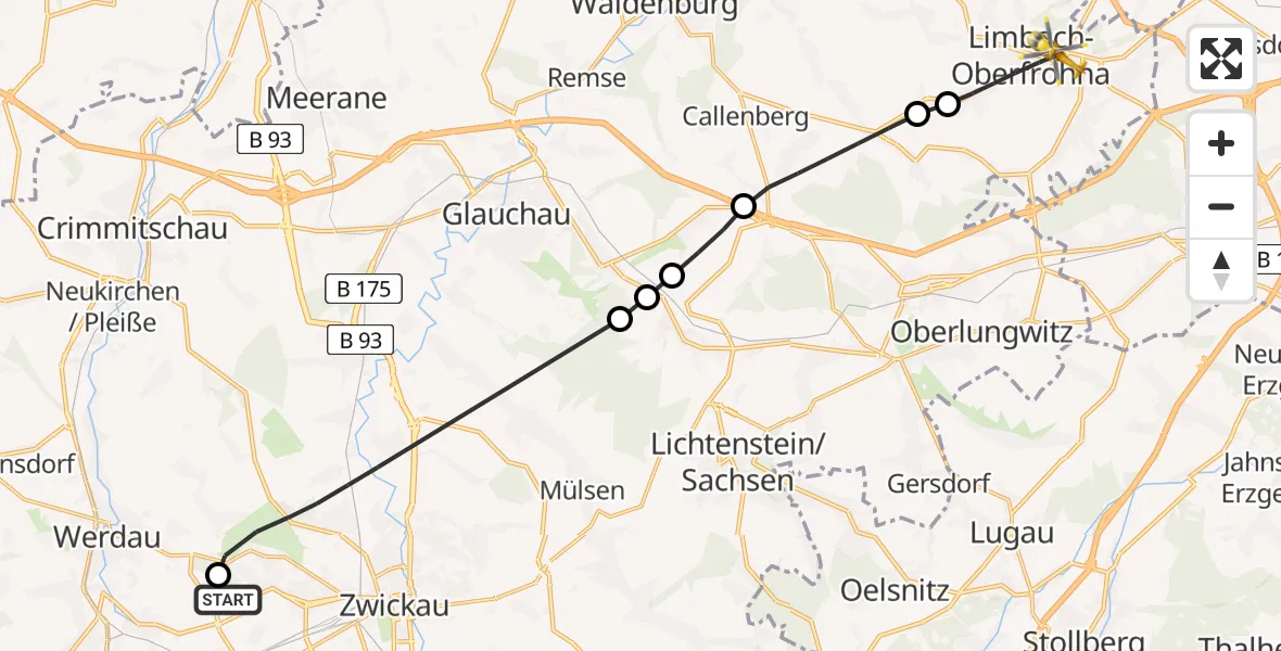 Flugroute Rettungshubschrauber ADAC Air Rescue Station Zwickau Heliport - Limbach-Oberfrohna, 17 Februar 2026, 08:13