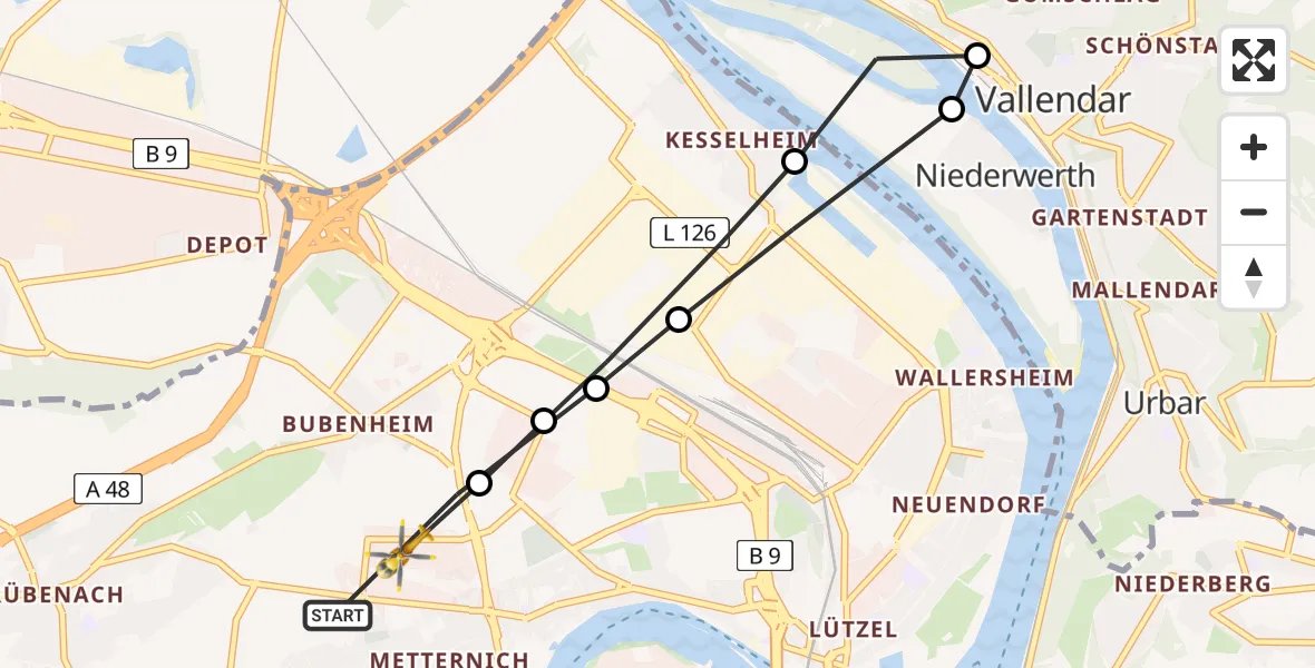Routekaart van de vlucht: Rettungshubschrauber nach Koblenz, Im Metternicher Feld