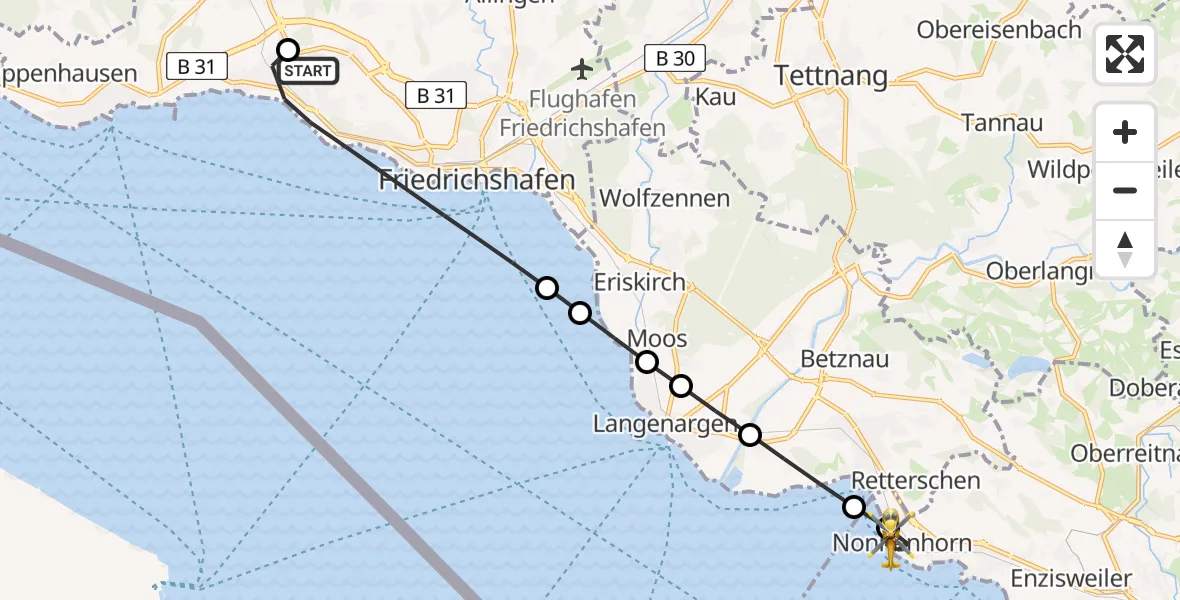 Flugroute Rettungshubschrauber Friedrichshafen Hospital Heliport - Nonnenhorn, 17 Februar 2026, 08:25