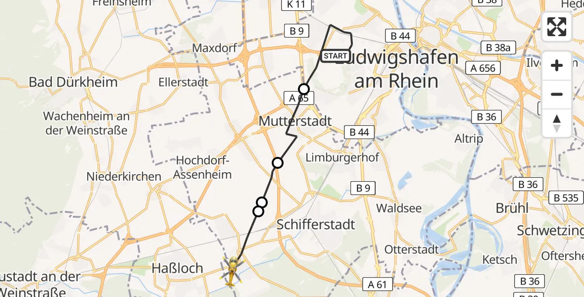 Flugroute Rettungshubschrauber Ludwigshafen am Rhein - Böhl-Iggelheim, 17 Februar 2026, 08:26