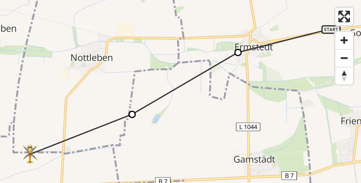 Flugroute Ambulanzhubschrauber Gottstedt - Cobstädt/Grabsleben/Großrettbach, 17 Februar 2026, 08:29