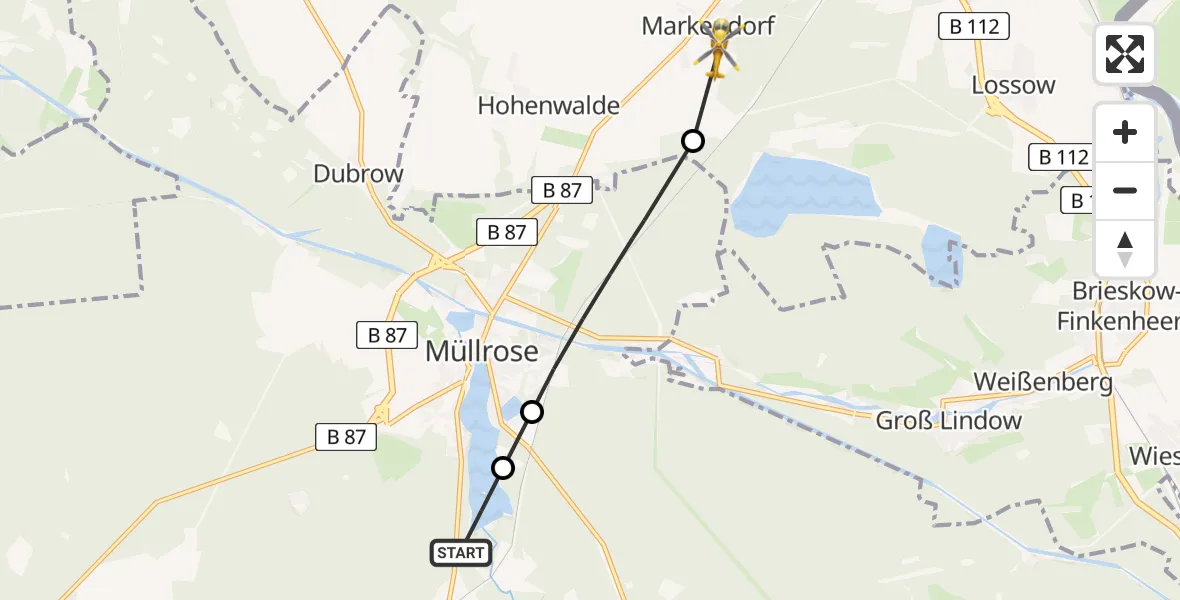 Flugroute Ambulanzhubschrauber Müllrose - Frankfurt (Oder), 17 Februar 2026, 08:31