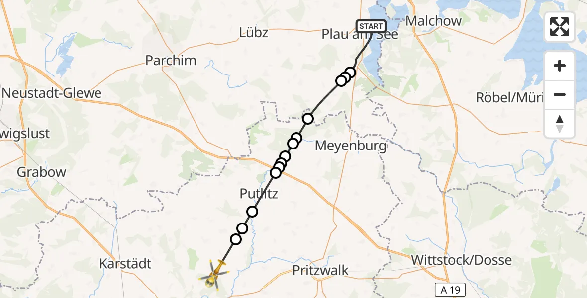 Flugroute Rettungshubschrauber Plau am See - Groß Pankow (Prignitz), 17 Februar 2026, 08:33