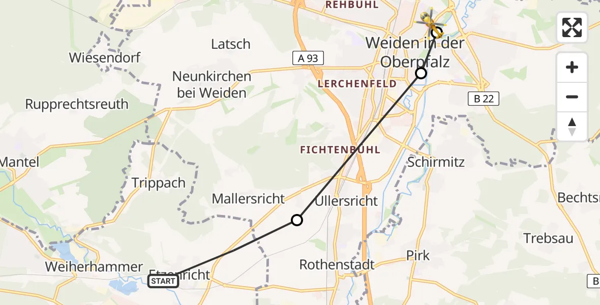 Flugroute Rettungshubschrauber Etzenricht - Weiden Hospital Heliport, 17 Februar 2026, 08:38