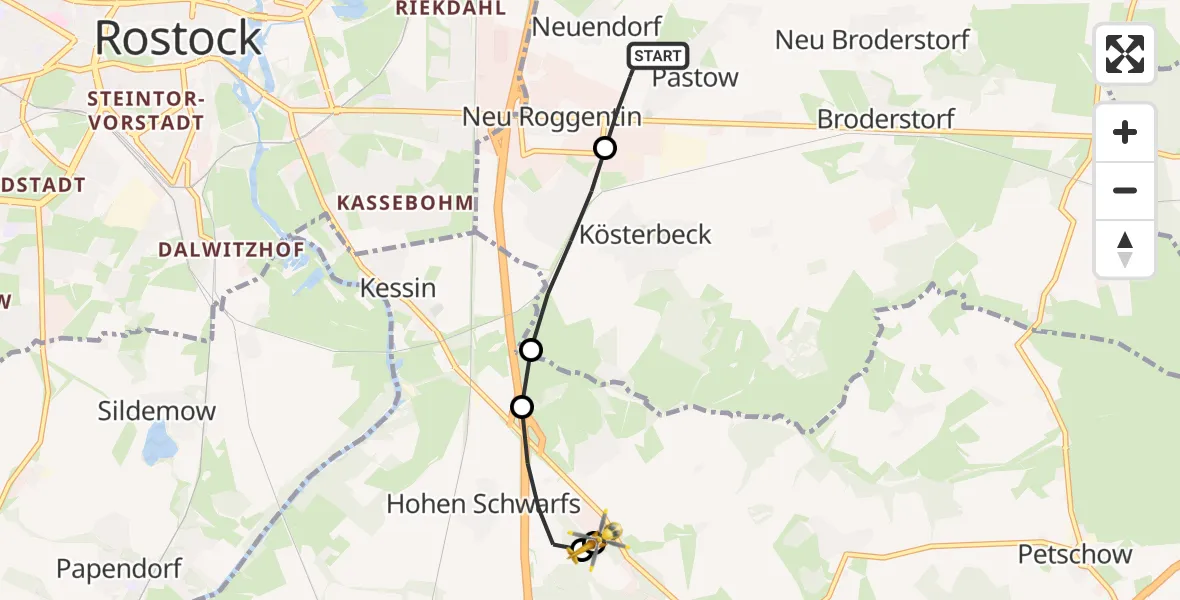 Flugroute Ambulanzhubschrauber Broderstorf - Hohen Schwarfs, 17 Februar 2026, 08:41