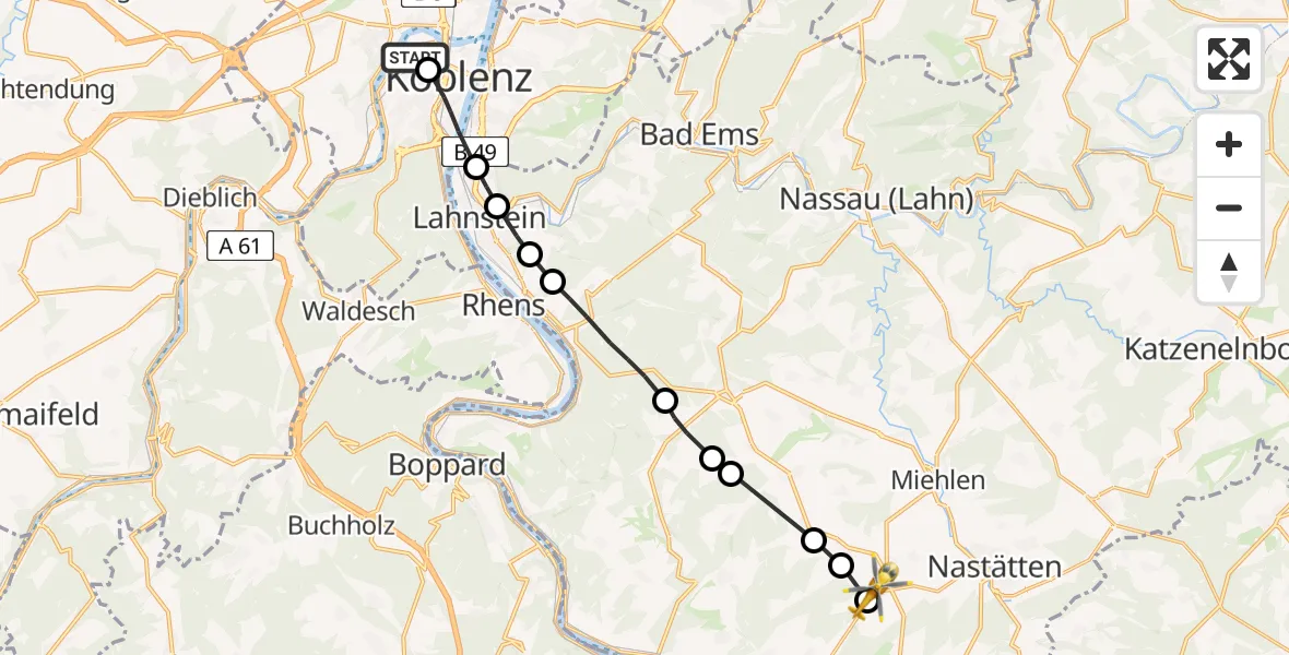 Flugroute Rettungshubschrauber Catholic Clinic Marienhof Koblenz Heliport - Bogel, 17 Februar 2026, 08:43