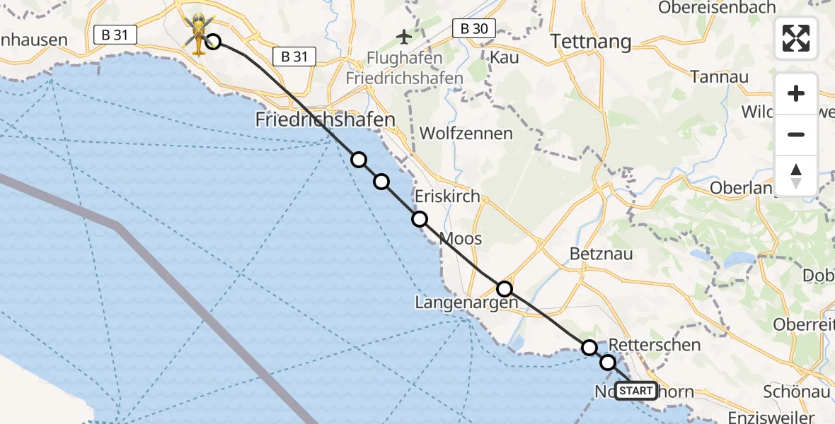 Flugroute Rettungshubschrauber Nonnenhorn - Friedrichshafen Hospital Heliport, 17 Februar 2026, 08:46