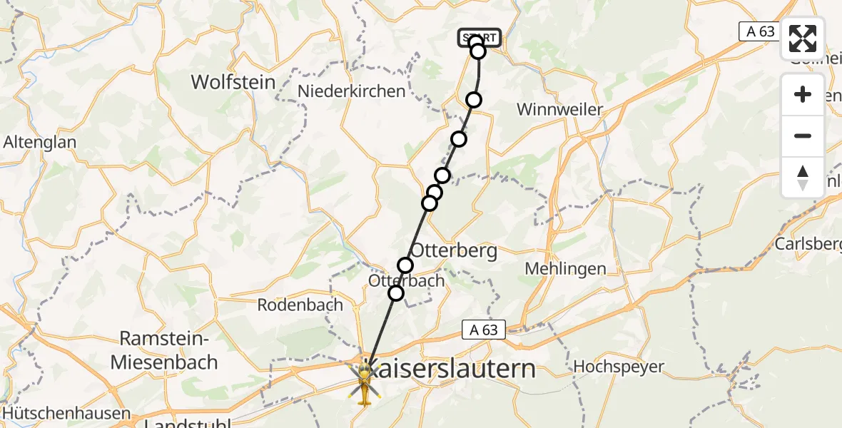 Flugroute Rettungshubschrauber Imsweiler UL - Kaiserslautern, 17 Februar 2026, 08:49
