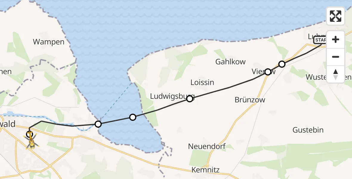 Flugroute Rettungshubschrauber Lubmin - Greifswald Hospital Heliport, 17 Februar 2026, 08:57