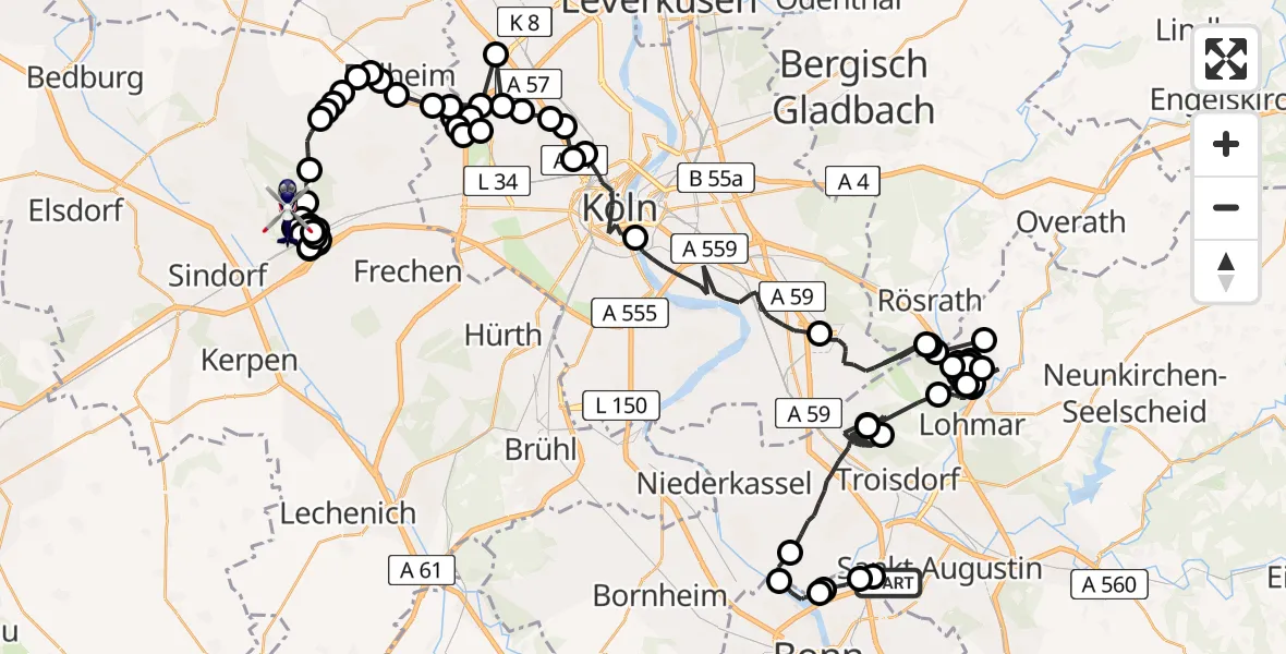 Flugroute Polizeihubschrauber Sankt Augustin - Bergheim, 17 Februar 2026, 08:57