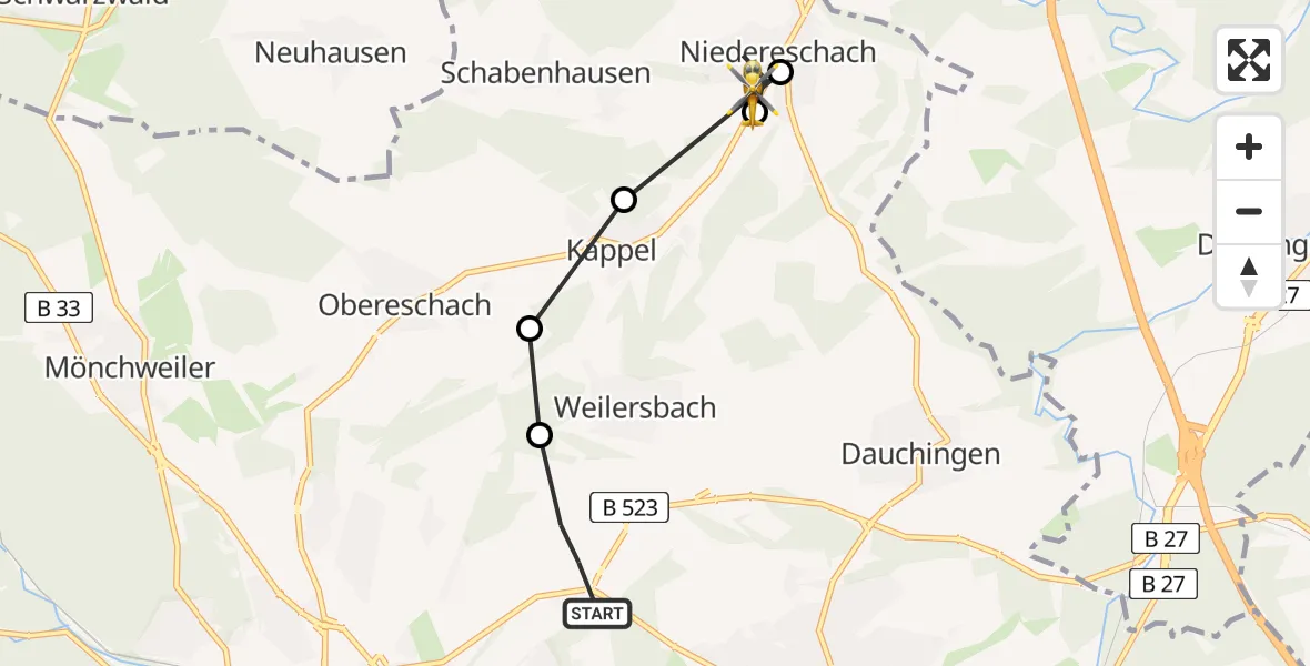 Flugroute Rettungshubschrauber Villingen-Schwenningen - Kappel, 17 Februar 2026, 09:00