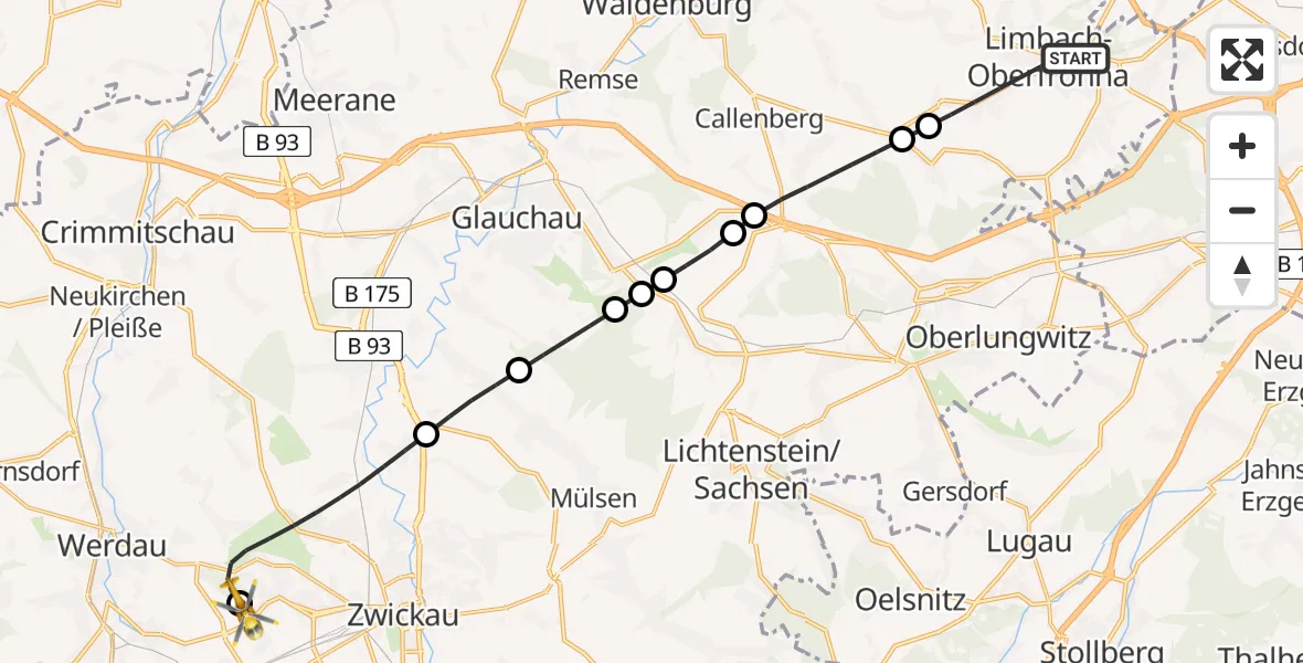 Flugroute Rettungshubschrauber Limbach-Oberfrohna - ADAC Air Rescue Station Zwickau Heliport, 17 Februar 2026, 09:03