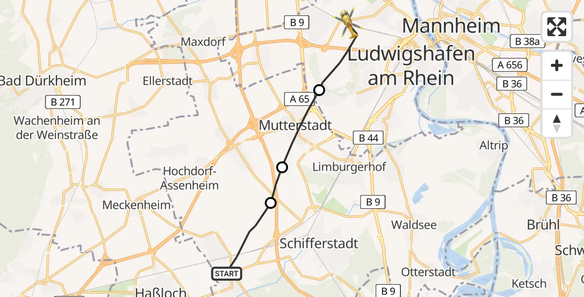 Flugroute Rettungshubschrauber Böhl-Iggelheim - Ludwigshafen Accident Hospital Heliport, 17 Februar 2026, 09:15