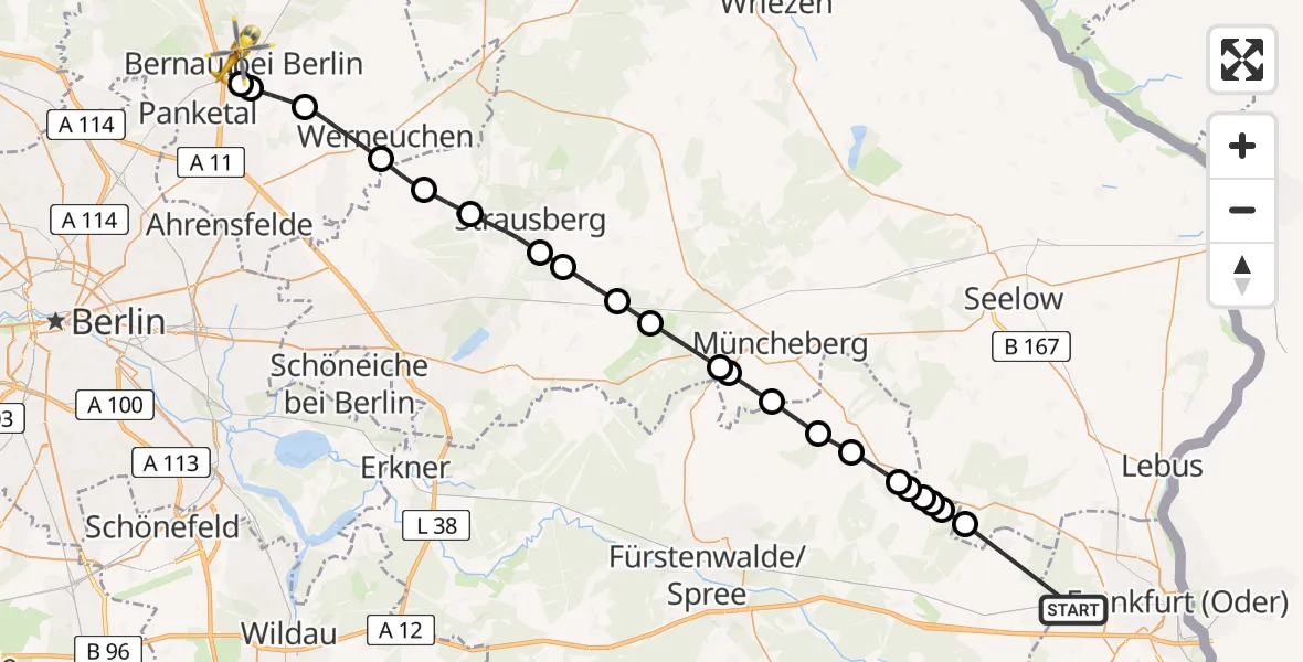 Flugroute Ambulanzhubschrauber Frankfurt (Oder) - Bernau, 17 Februar 2026, 09:15