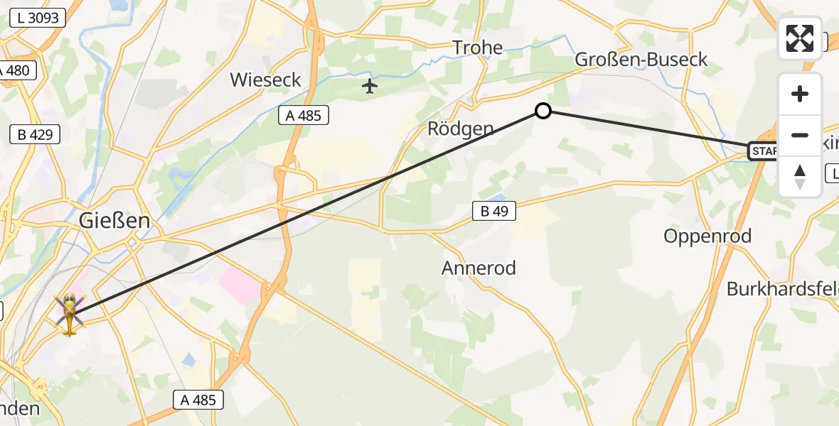 Routekaart van de vlucht: Ambulanzhubschrauber nach Gießen University Hospital Heliport