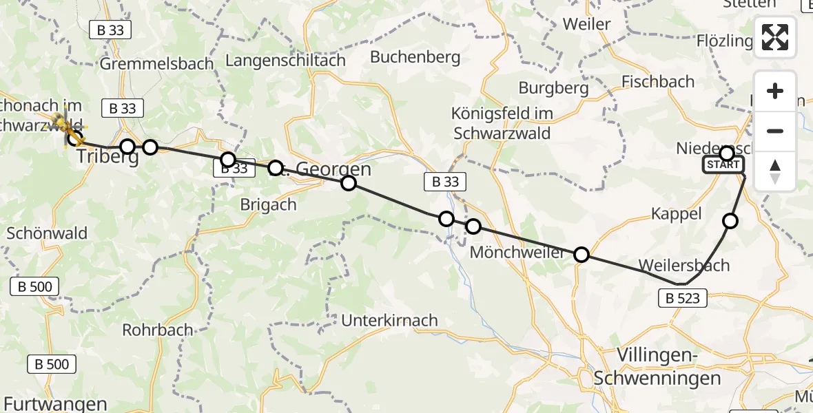 Flugroute Rettungshubschrauber Kappel - Schonach im Schwarzwald, 17 Februar 2026, 09:19