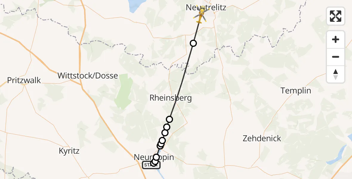 Flugroute Rettungshubschrauber Rupin Hospital Helipad - Neustrelitz, 17 Februar 2026, 09:28