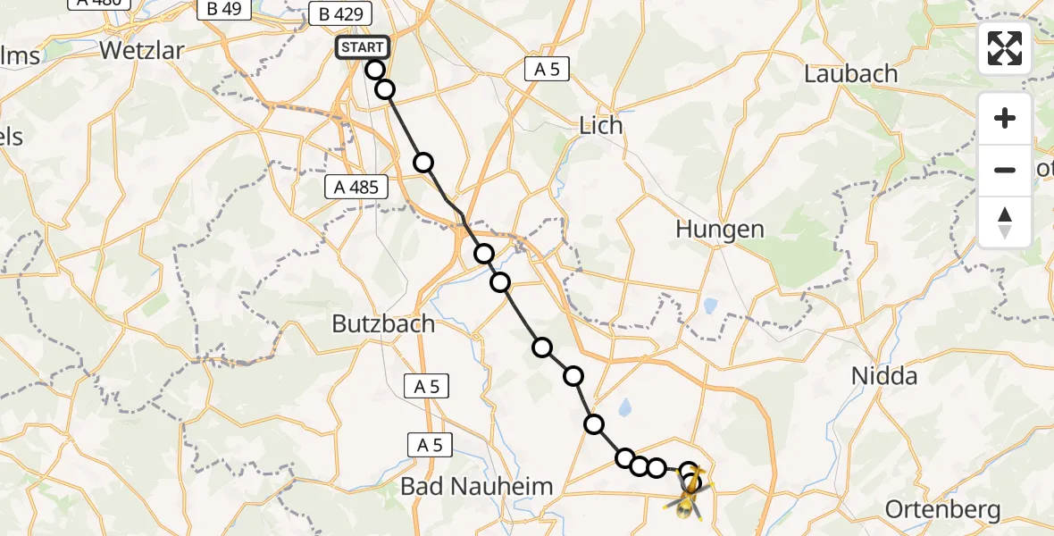 Flugroute Ambulanzhubschrauber Kleinlinden - Bingenheim, 17 Februar 2026, 09:37