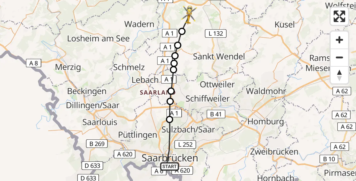 Flugroute Rettungshubschrauber Saarbrücken - Eckelhausen, 17 Februar 2026, 09:45