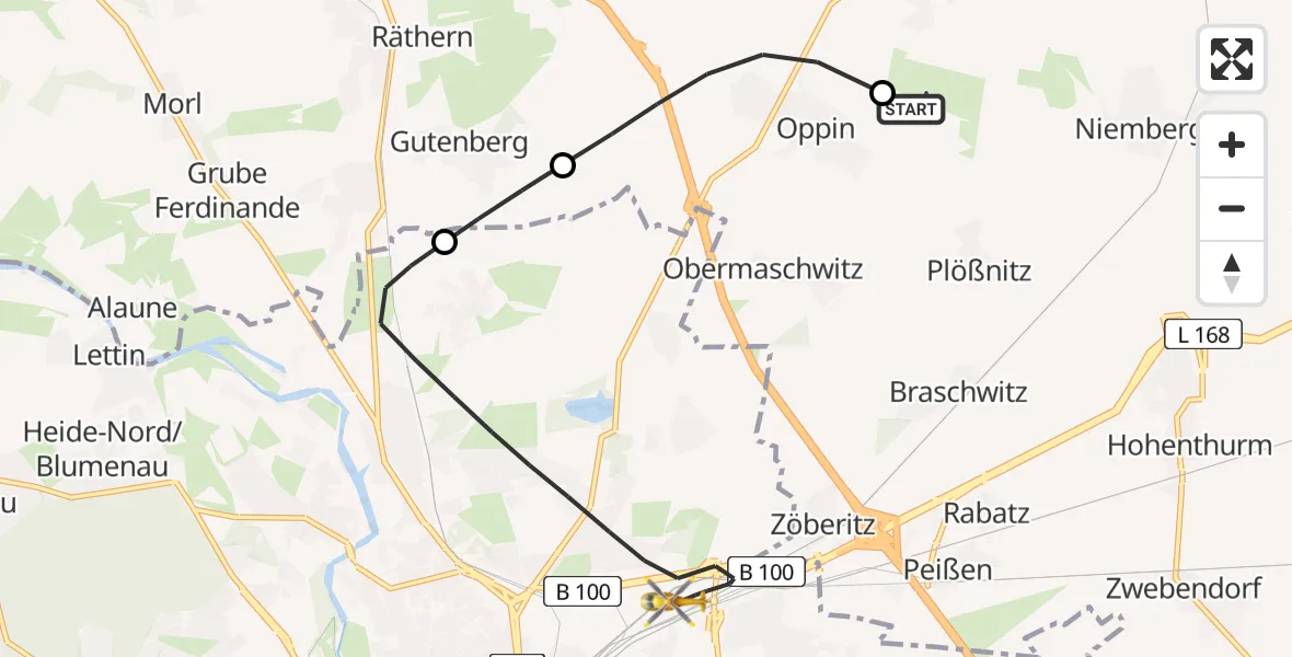 Flugroute Ambulanzhubschrauber Halle-Oppin Airfield - Halle (Saale), 17 Februar 2026, 09:51