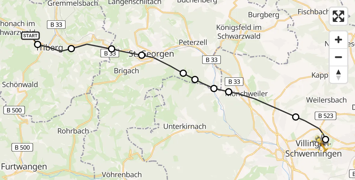 Flugroute Rettungshubschrauber Schonach im Schwarzwald - DRF Air Rescue Station Villingen-Schwenningen Heliport (Christoph 11), 17 Februar 2026, 09:56