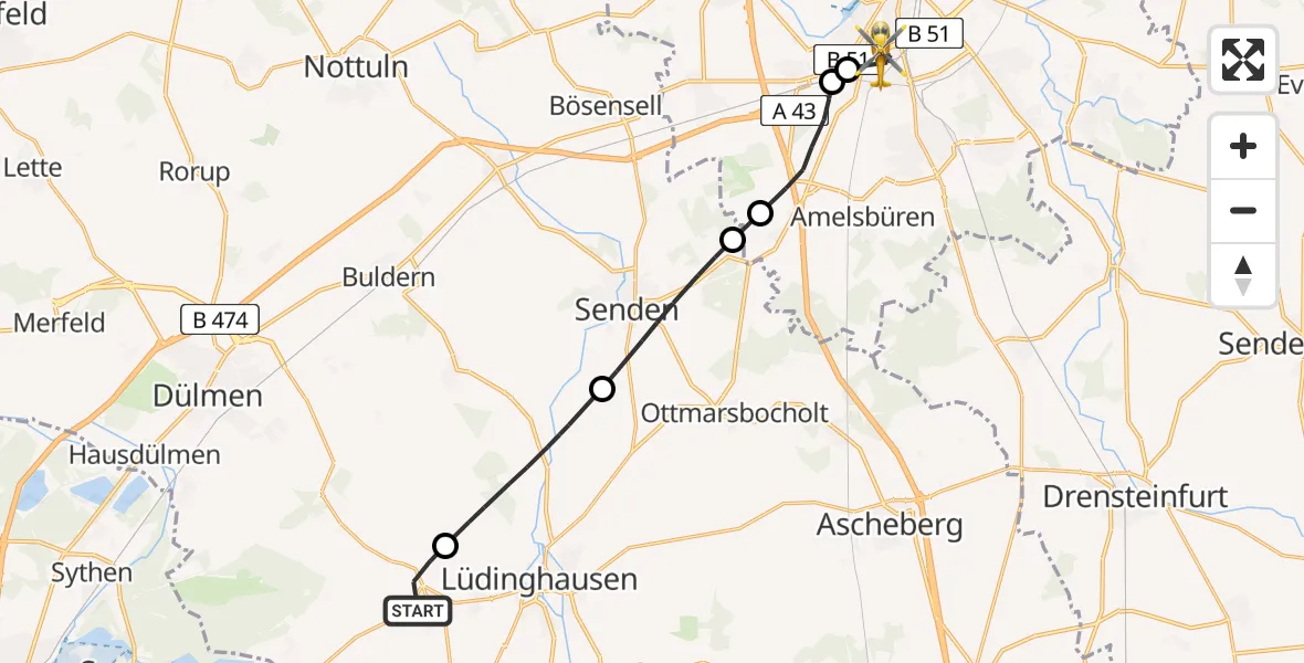 Flugroute Rettungshubschrauber Seppenrade - Münster-Mitte, 17 Februar 2026, 09:58