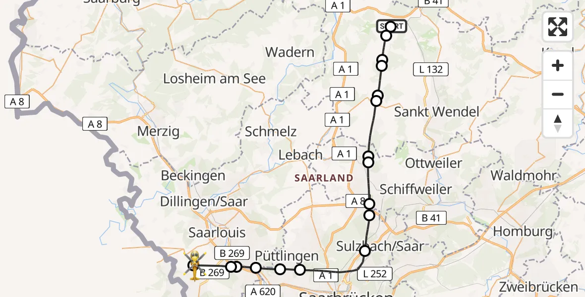 Flugroute Rettungshubschrauber Gonnesweiler - Überherrn, 17 Februar 2026, 10:17