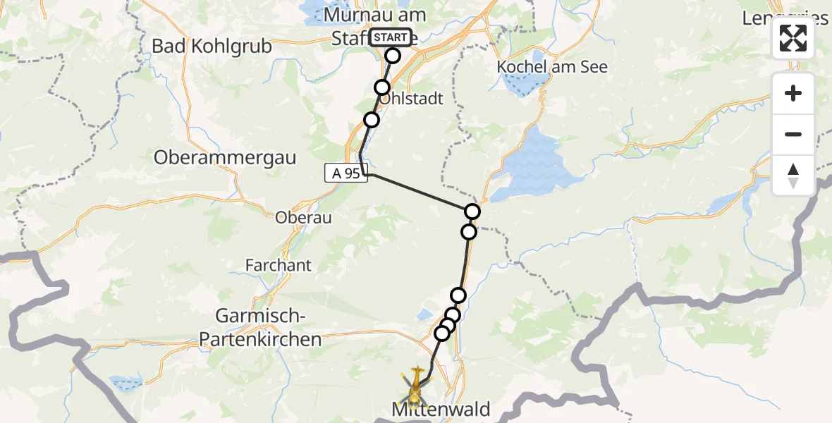 Flugroute Rettungshubschrauber Murnau Accident Hospital Heliport - Mittenwald, 17 Februar 2026, 10:19