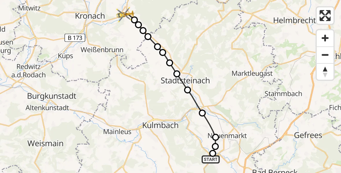 Flugroute Rettungshubschrauber Waizendorf - Unterrodach, 17 Februar 2026, 10:25