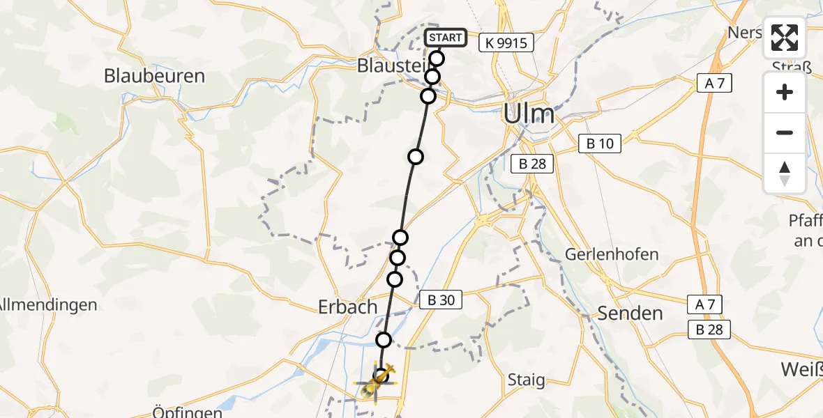 Flugroute Rettungshubschrauber ADAC Air Rescue Station Ulm (Christoph 22) - Erbach, 17 Februar 2026, 10:26