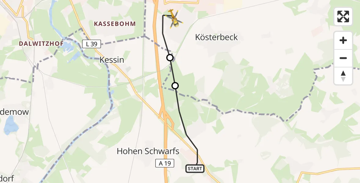 Flugroute Ambulanzhubschrauber Hohen Schwarfs - Kösterbeck, 17 Februar 2026, 10:30