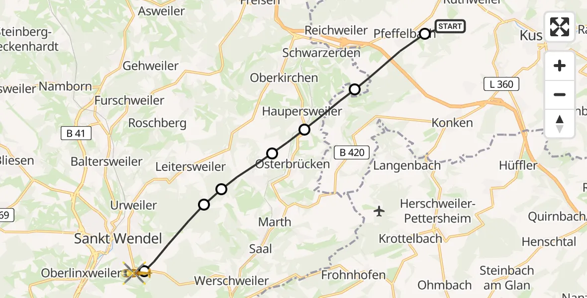Flugroute Rettungshubschrauber Ruthweiler - Marienhaus Hospital Sankt Wendel-Ottweiler Heliport, 17 Februar 2026, 10:31