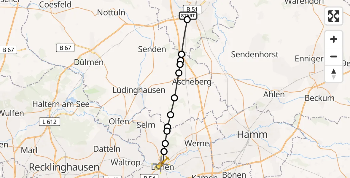 Flugroute Rettungshubschrauber Münster-Mitte - Lünen, 17 Februar 2026, 10:45