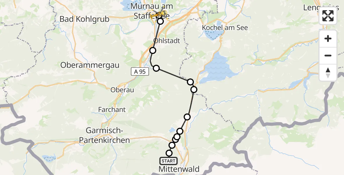 Flugroute Rettungshubschrauber Mittenwald - Murnau Accident Hospital Heliport, 17 Februar 2026, 10:49