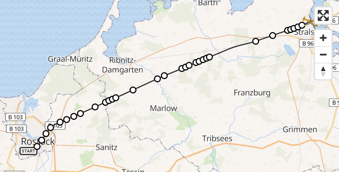 Flugroute Rettungshubschrauber Ortsbeirat 12 : Südstadt - Stralsund, 17 Februar 2026, 11:07