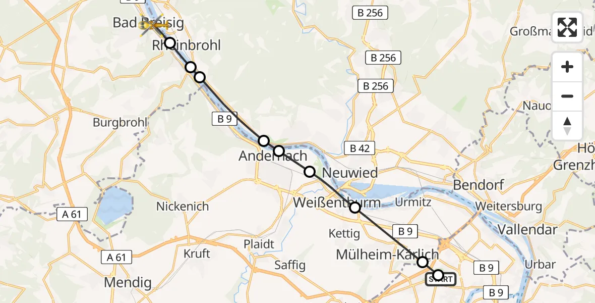 Flugroute Rettungshubschrauber Bubenheim - Bad Breisig, 17 Februar 2026, 11:10