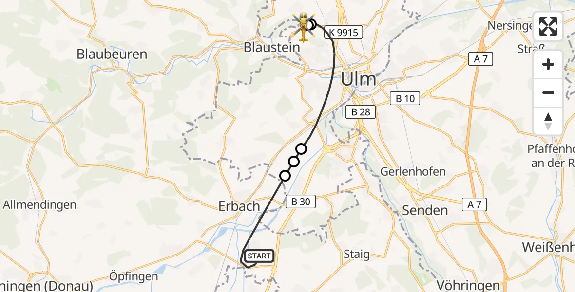 Flugroute Rettungshubschrauber Erbach - ADAC Air Rescue Station Ulm (Christoph 22), 17 Februar 2026, 11:16