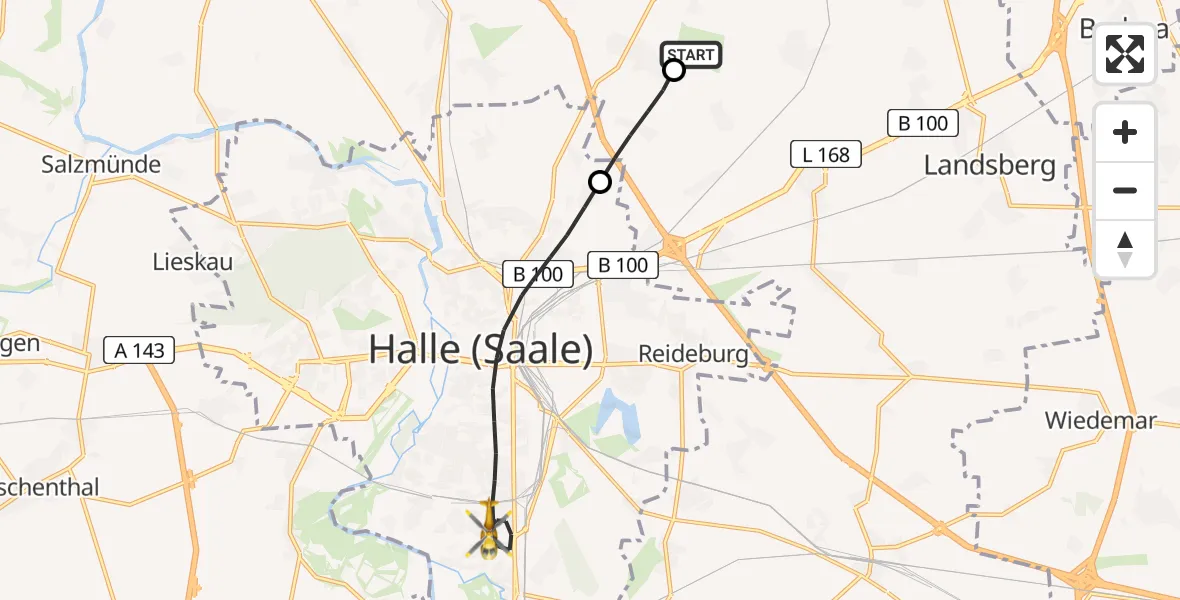 Flugroute Ambulanzhubschrauber Halle-Oppin Airfield - Halle (Saale), 17 Februar 2026, 11:21