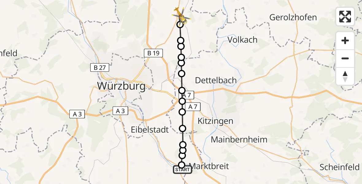 Flugroute Rettungshubschrauber Ochsenfurt - Bergtheim, 17 Februar 2026, 11:29