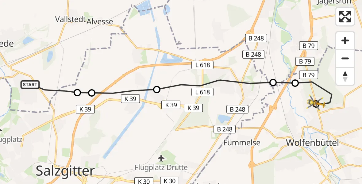 Flugroute Rettungshubschrauber Lengede - Wolfenbüttel Municipal Hospital Heliport (Christoph 30), 17 Februar 2026, 11:38