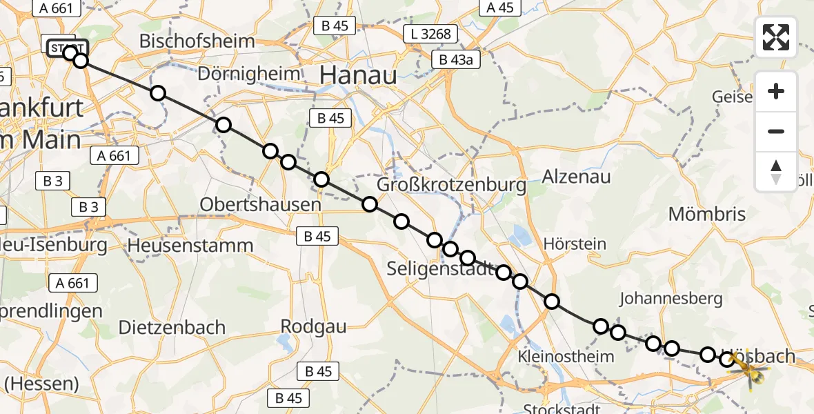 Flugroute Rettungshubschrauber Frankfurt am Main Accident Hospital Roof Helipad (CHX2) - Goldbach, 17 Februar 2026, 11:41