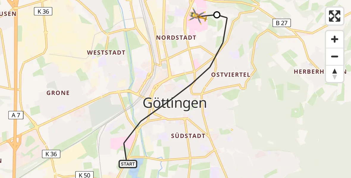 Flugroute Rettungshubschrauber Göttingen - Göttingen University Clinic Heliport, 17 Februar 2026, 11:42